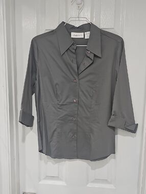 Chadwicks Women's Gray Button-Down Shirt with Three-Quarter Sleeves